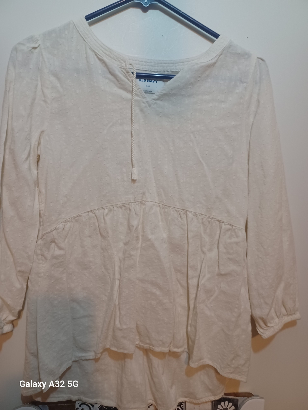 Old Navy Cream Textured Peplum Tie-Neck Tunic